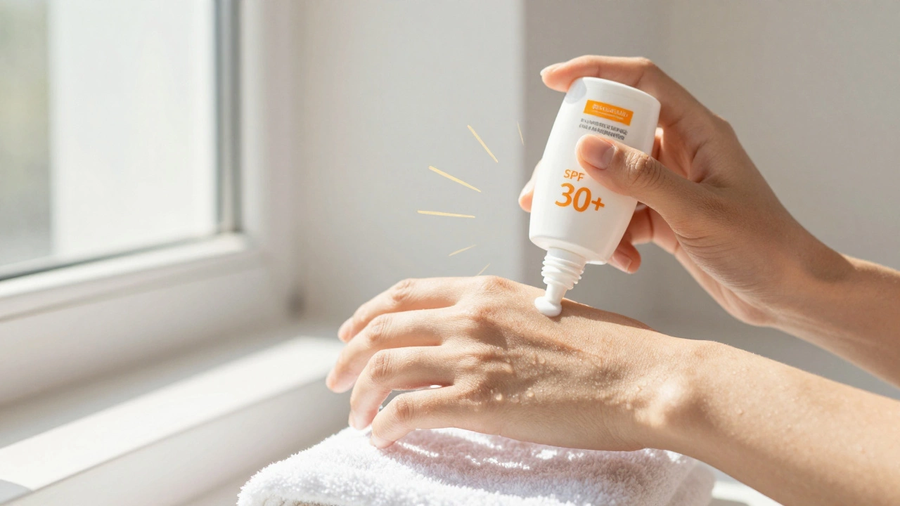 Hand applying sunscreen as the final step in a simple morning skincare routine.
