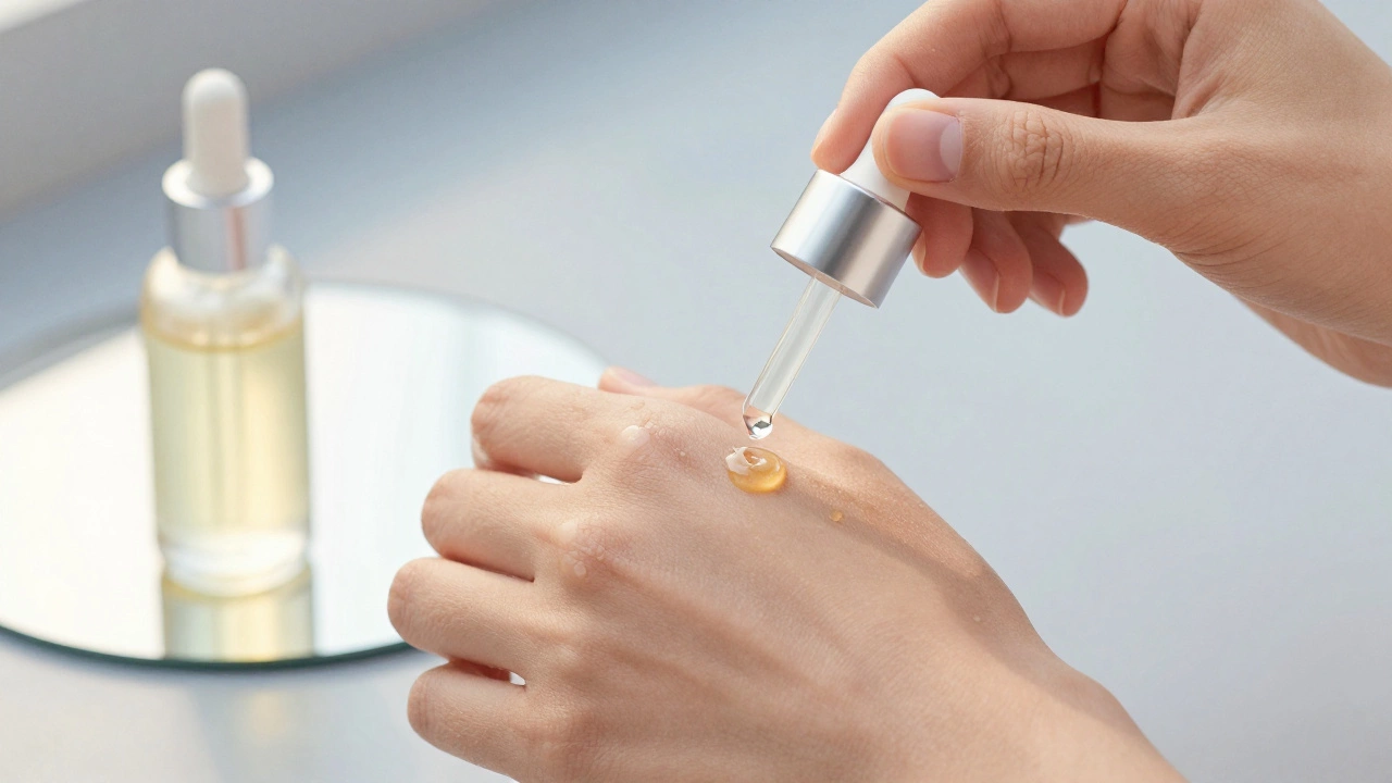 Hand applying vitamin C serum to damp skin with glass bottle