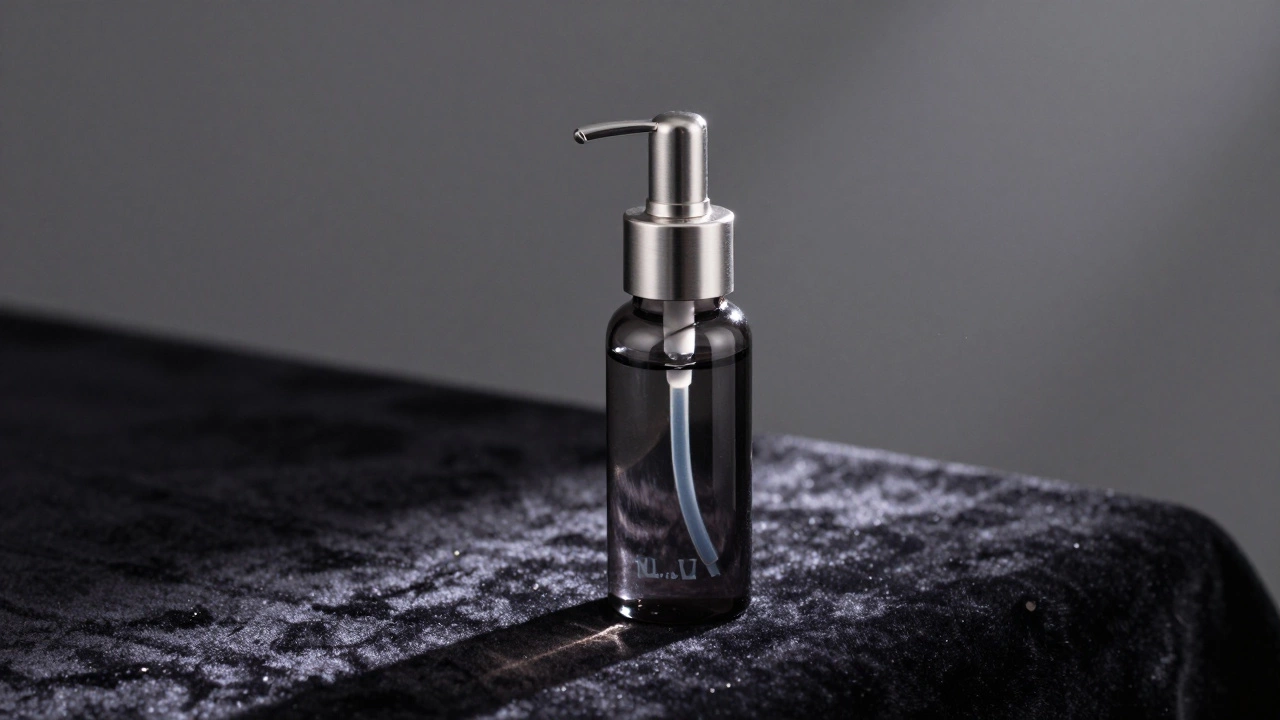 Luxury cosmetic packaging with airless pump and dark glass on velvet, emphasizing functionality.