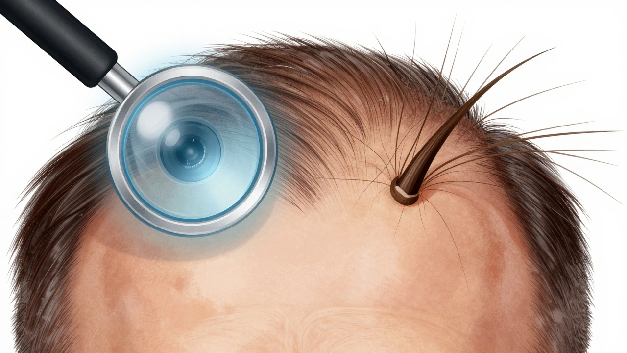 Magnified scalp showing healthy hair follicles versus breakage from tension, medical illustration style