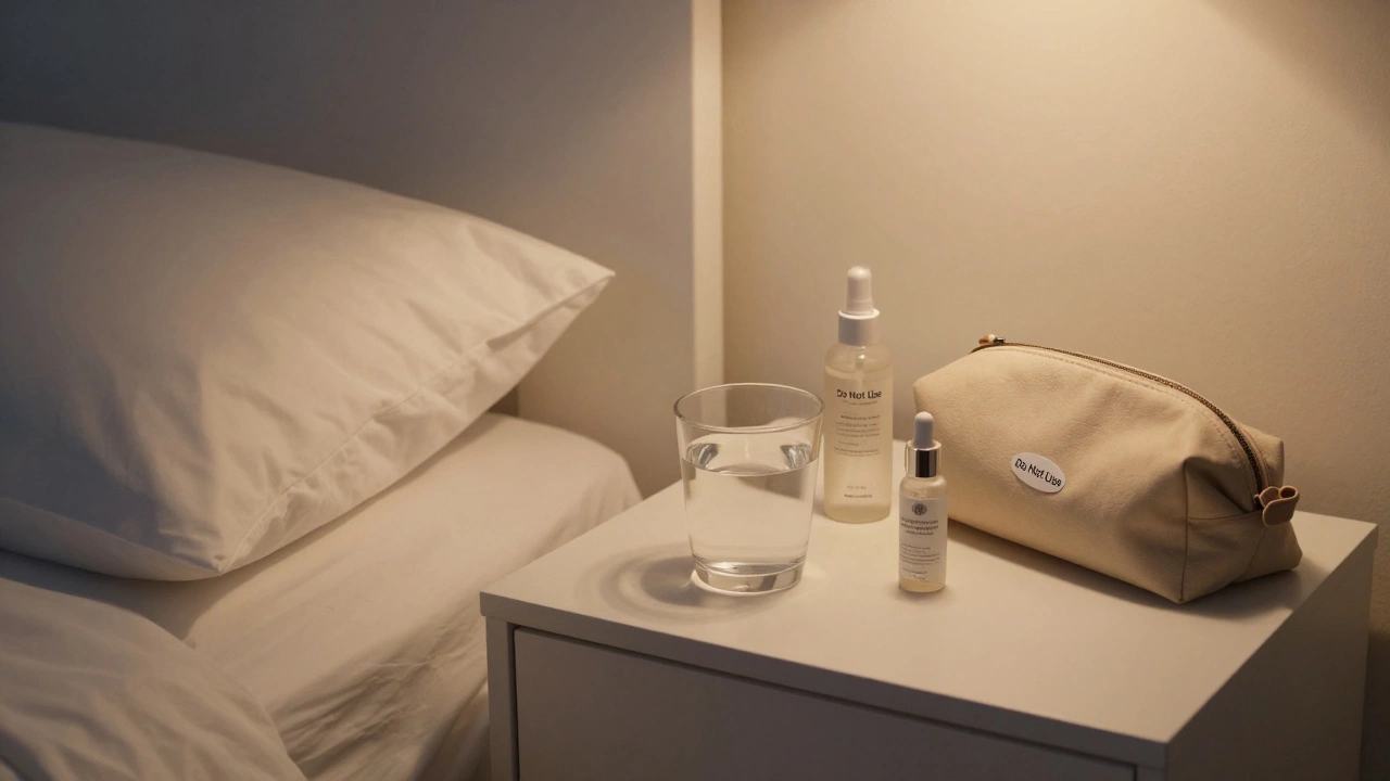 Nightstand with moisturizer and water beside closed makeup bag, symbolizing post-facial rest.