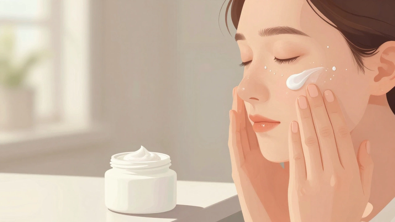 Someone applying moisturizer to their face, skin glistening with hydration.