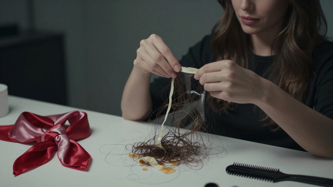 Woman having tape-in extensions carefully removed by stylist, hair and adhesive on table nearby