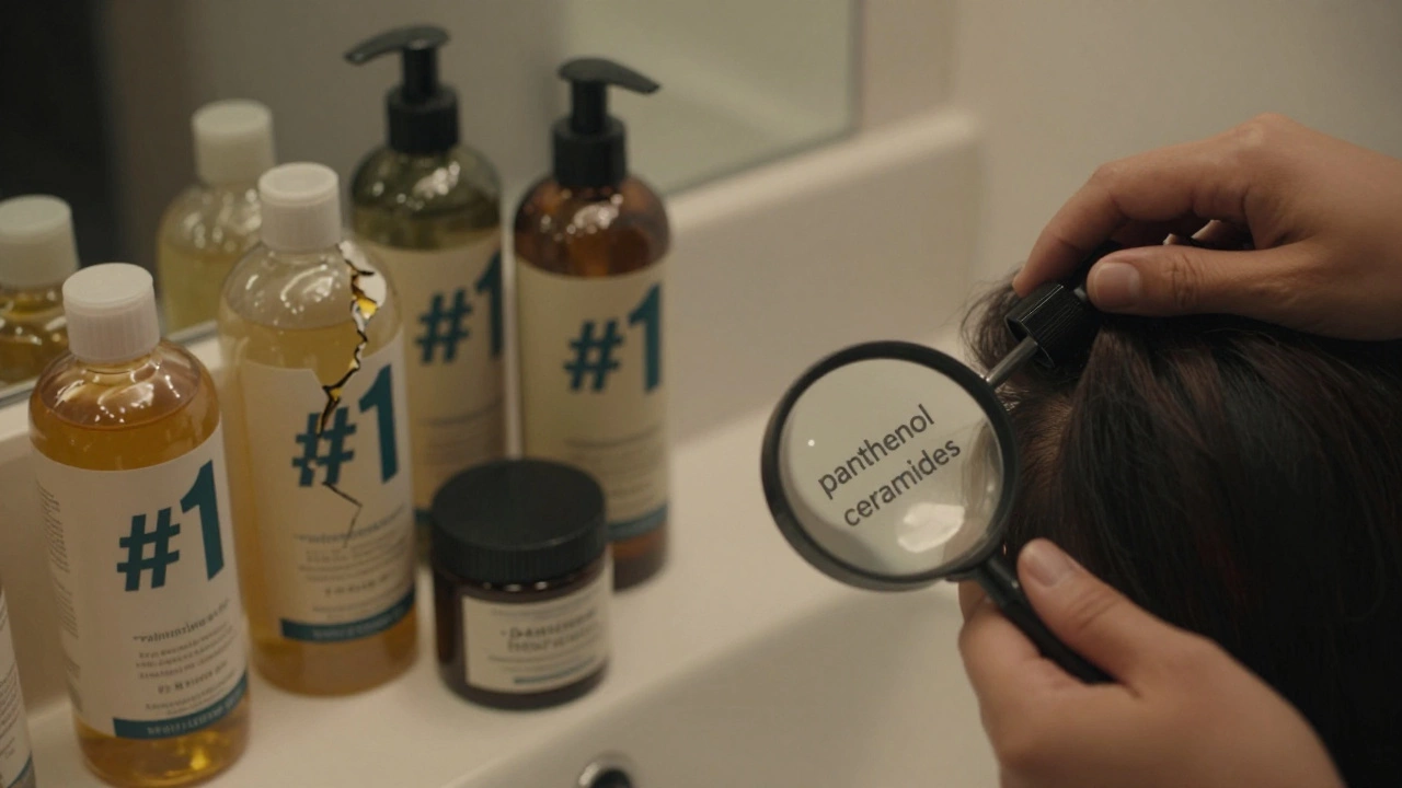 A bathroom counter with branded hair products and a jar of jojoba oil being used for scalp massage.