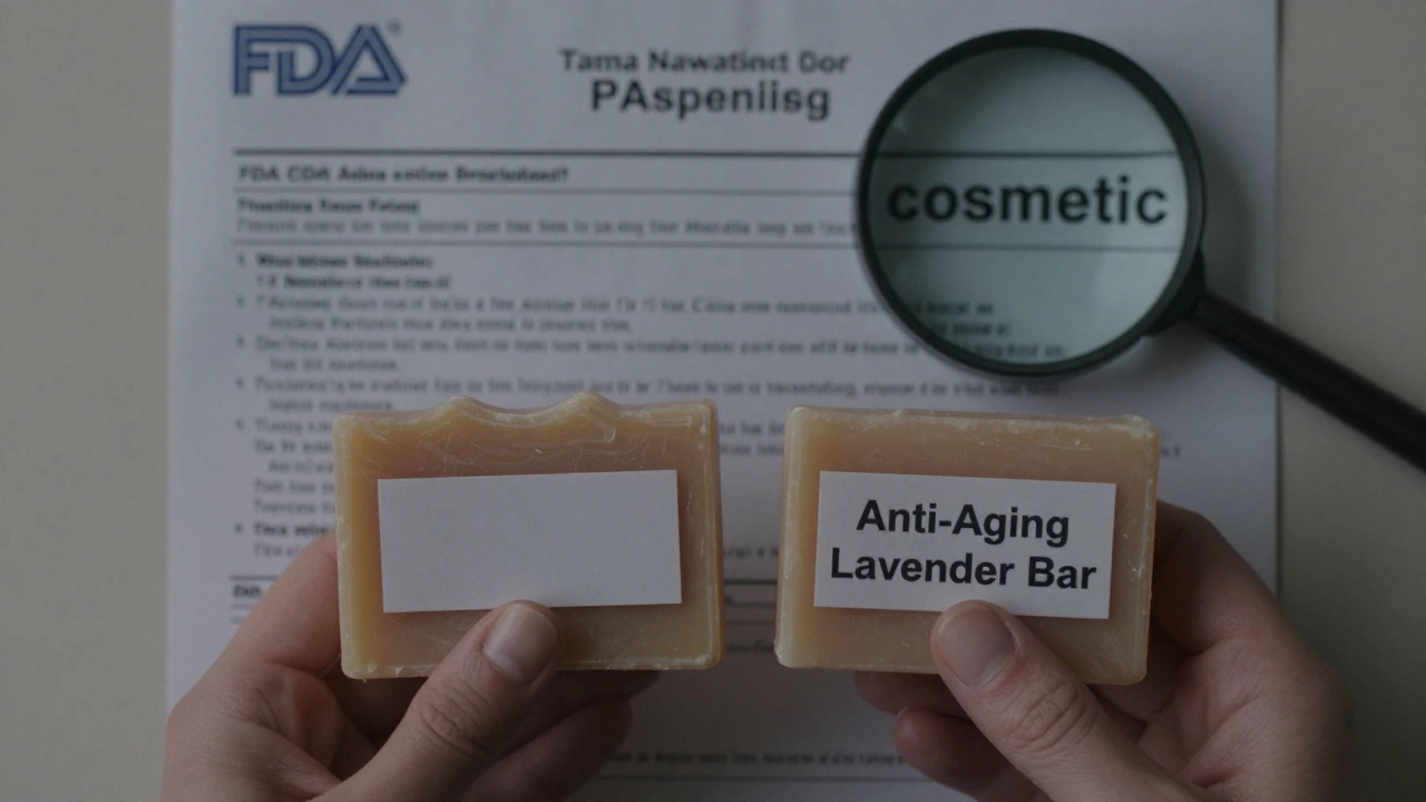 A person comparing two soap bars, one labeled 'anti-aging', with a faded FDA warning in the background.