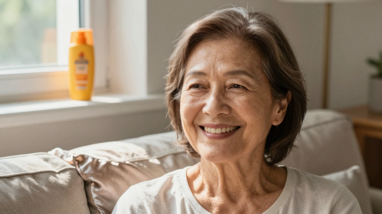 A smiling woman with softened deep wrinkles, sunlight streaming through a window, natural and rested appearance.