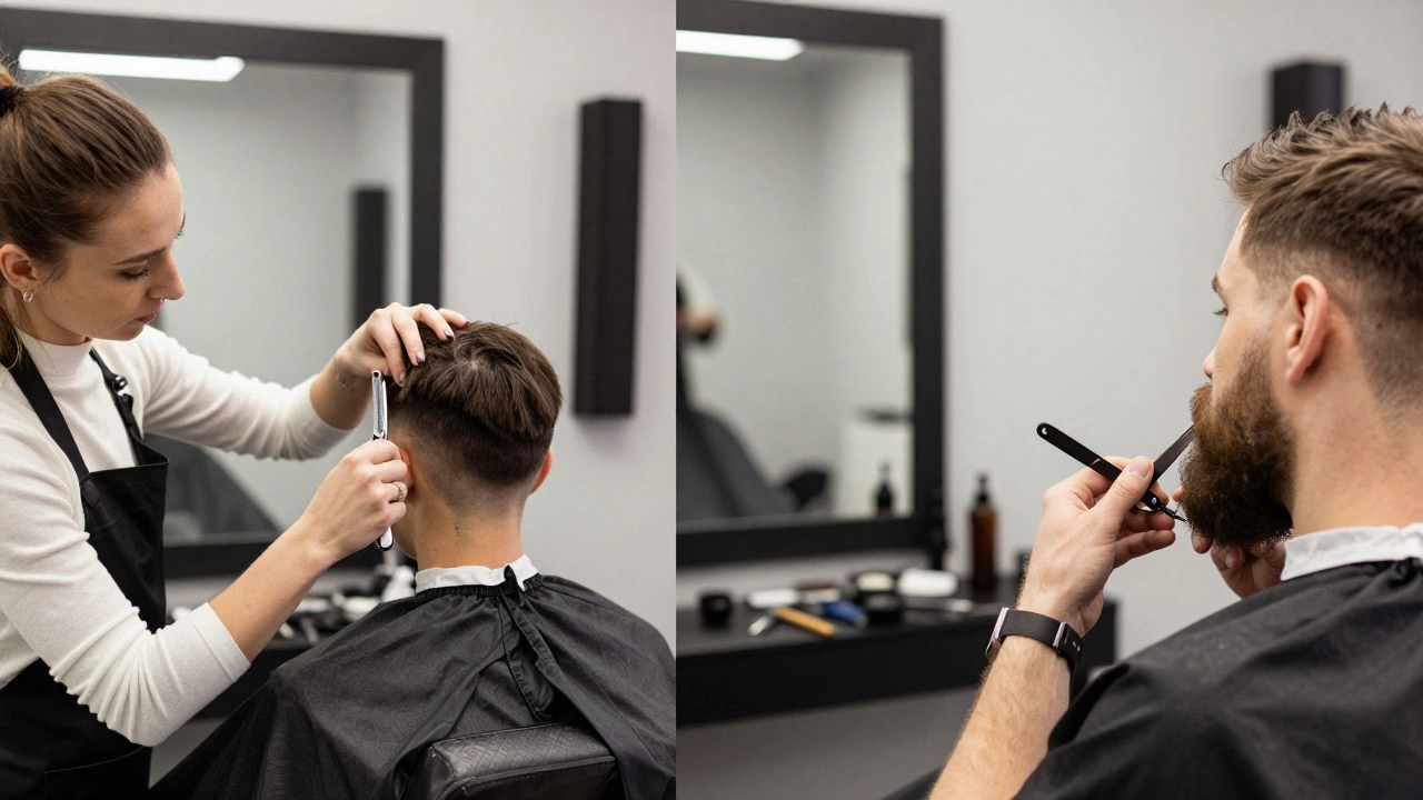 A woman and man barber working side by side with identical tools, highlighting skill over gender.