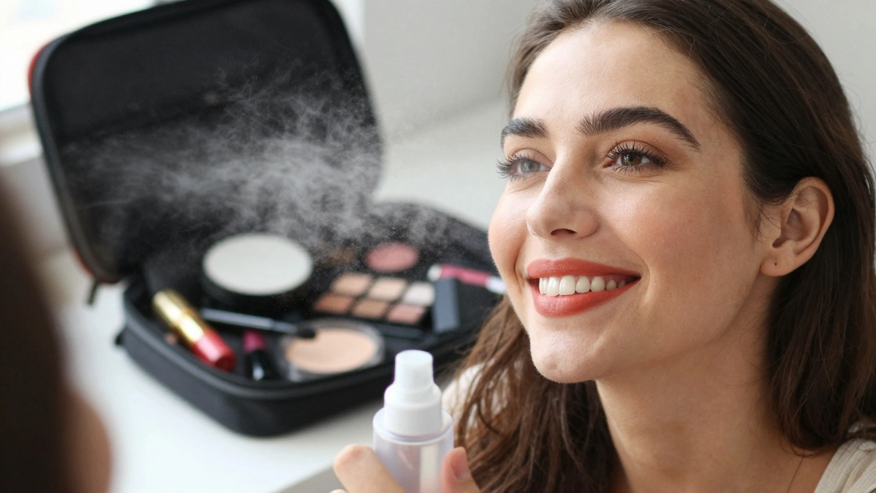 A woman smiling at her mirror with natural makeup, a setting spray misting around her face, essentials visible in an open makeup bag.
