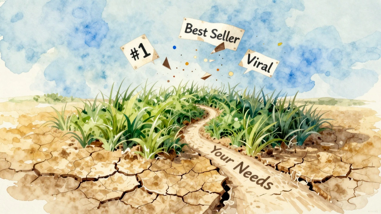 An abstract scalp landscape with a winding path labeled 'Your Needs' and broken marketing labels floating above.