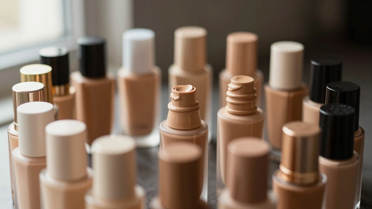 Circle of foundation bottles showing skin tone gradient spectrum.
