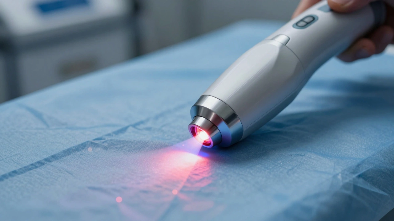 Close-up of a laser handpiece emitting a precise blue light beam.