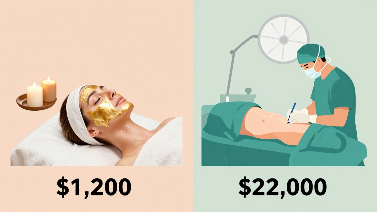 Contrast between a ,200 spa facial and a ,000 surgical procedure, visually represented without text.