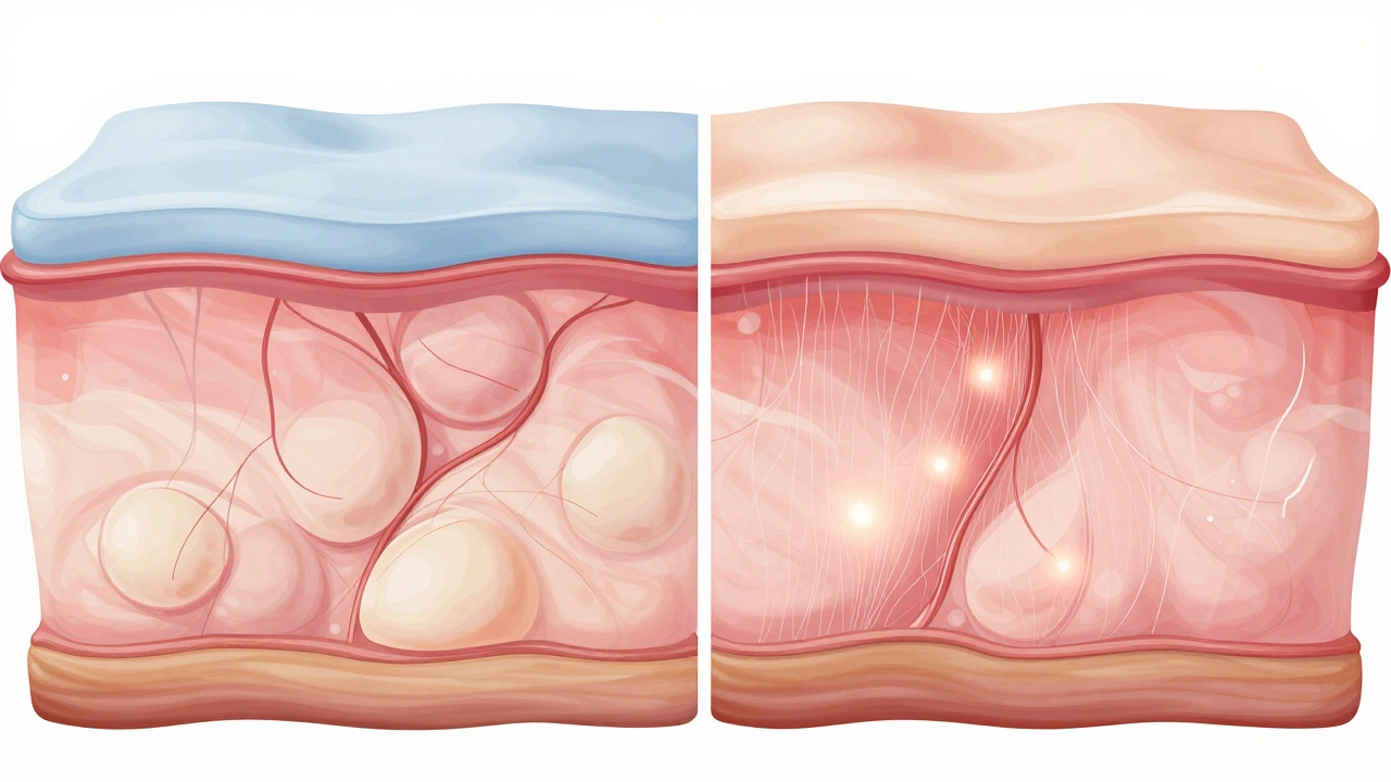 Cross-section comparison of aged skin versus rejuvenated skin with restored collagen and volume.