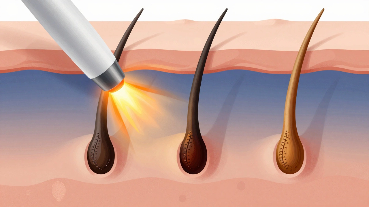 Cross-section of skin showing hair follicles in different phases, one being treated by laser with glowing heat.