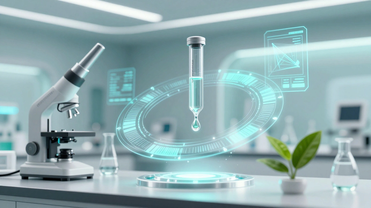 Futuristic beauty lab with holographic data and plant symbols.