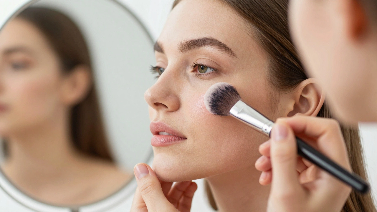 Hands applying blush and contour with brushes, soft natural light highlighting skin texture and product textures.