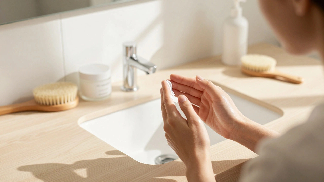 Hands applying moisturizer to face in morning sunlight