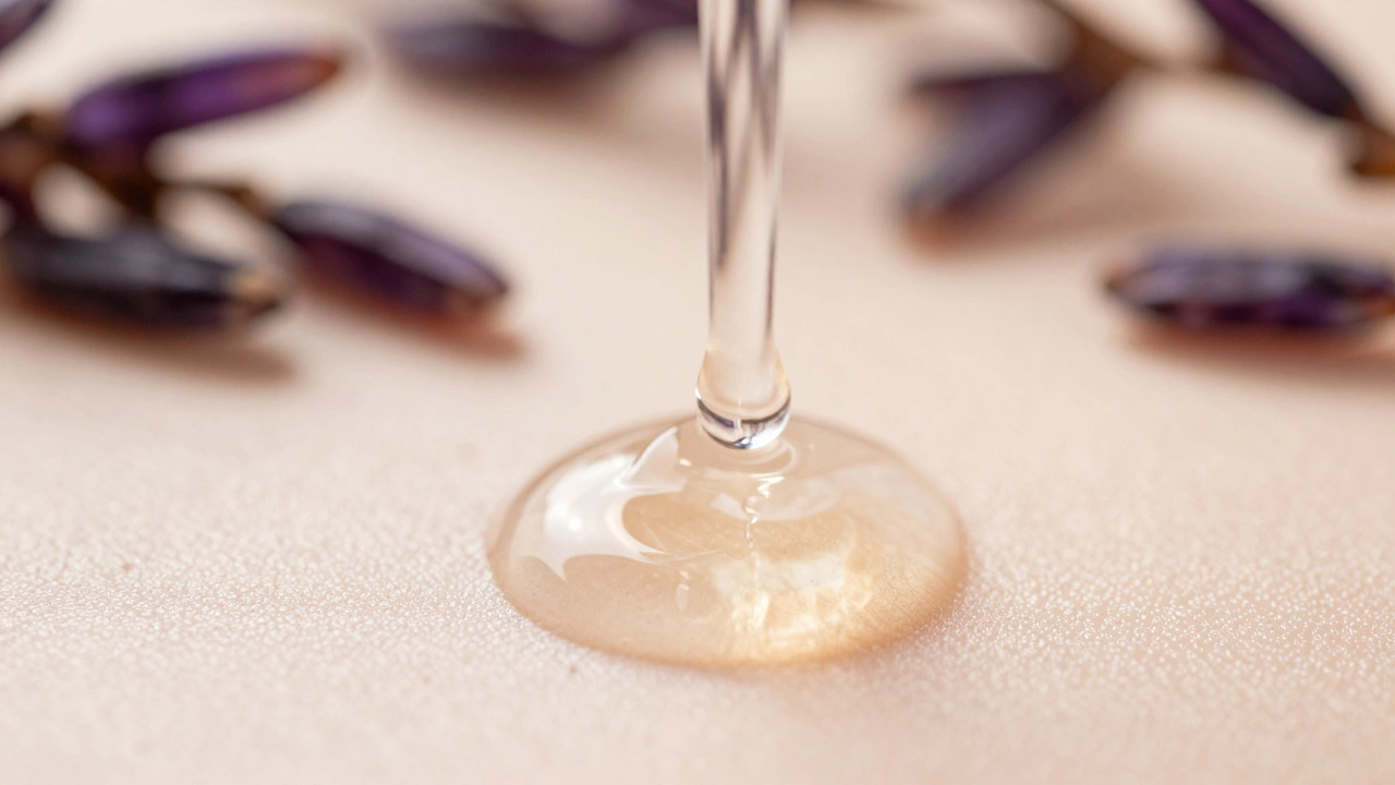 Macro shot of serum droplet hovering over skin and plants