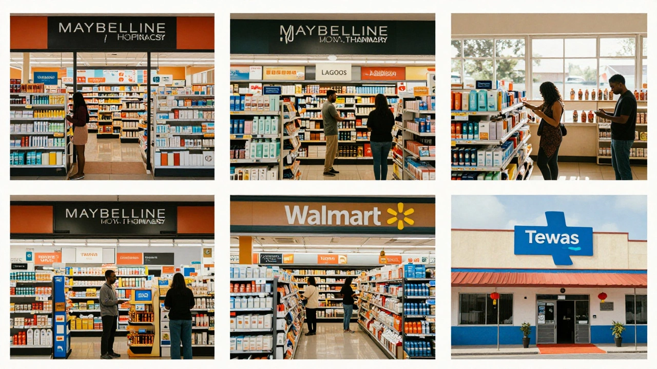Maybelline products displayed identically in drugstores across Tokyo, Lagos, and rural Texas.