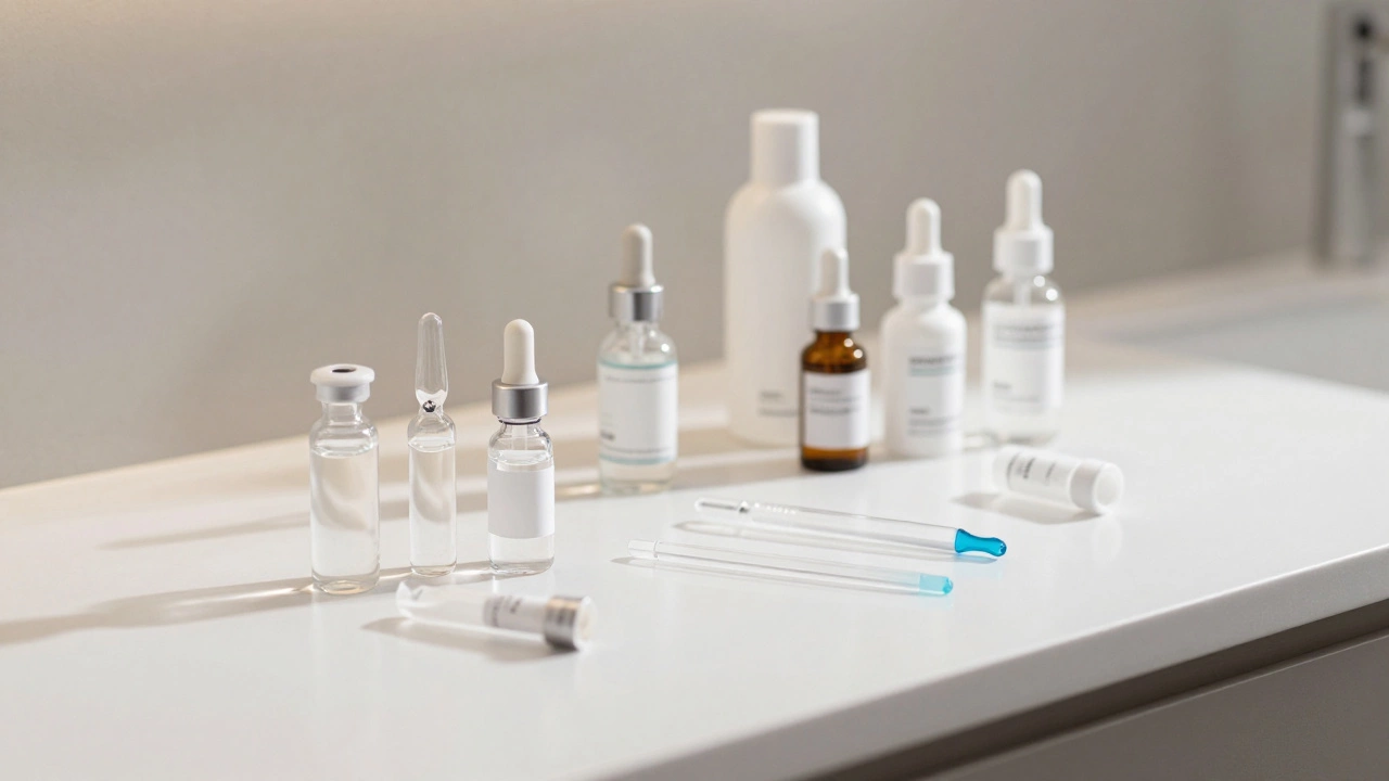 Neat arrangement of medical skincare bottles and tools on a white table.