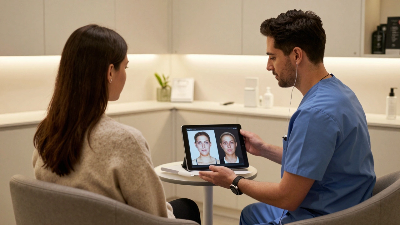 Patient and surgeon reviewing 3D imaging of a mommy makeover in a quiet, upscale clinic consultation room.