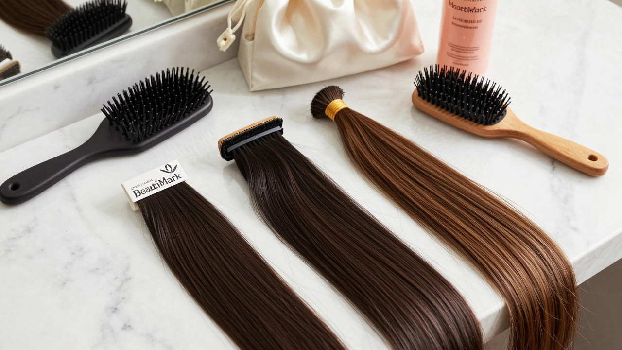Premium hair extensions from Great Lengths, HairUWear, and BeautiMark laid out on a vanity with care products.