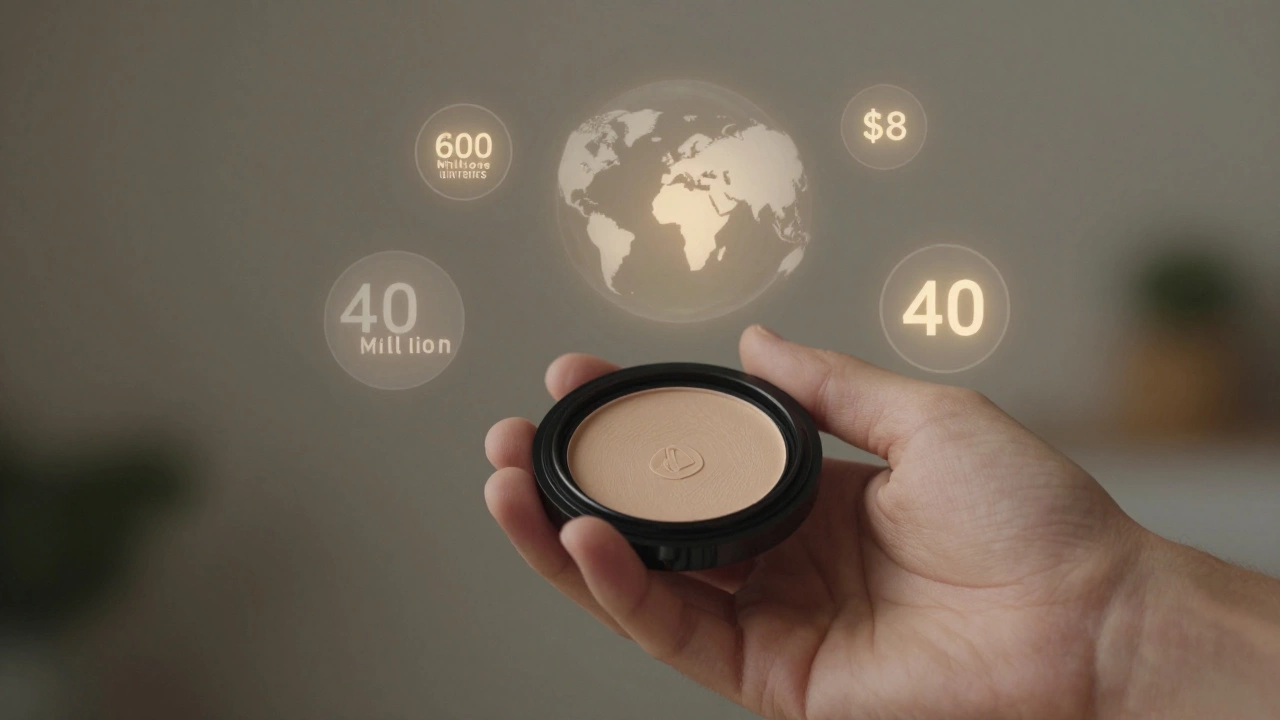 Refillable Maybelline compact with floating icons representing global sales, price, and shade range.