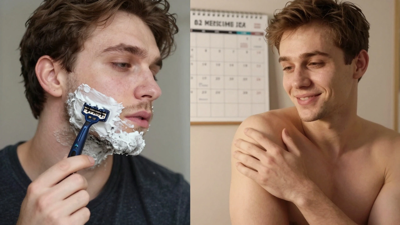 Side-by-side comparison of daily shaving struggles versus smooth skin after laser treatment.