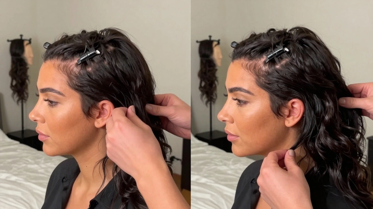 Side-by-side comparison of Khloé Kardashian's natural hair versus layered clip-in extensions for volume.