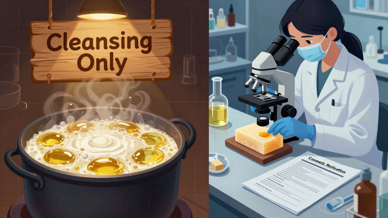 Split scene showing traditional soap-making on one side and cosmetic testing on the other with regulatory documents.