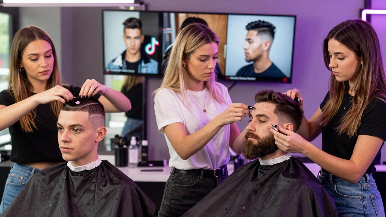 Three women barbers cutting diverse hairstyles, with digital screens showing trending barbering videos.