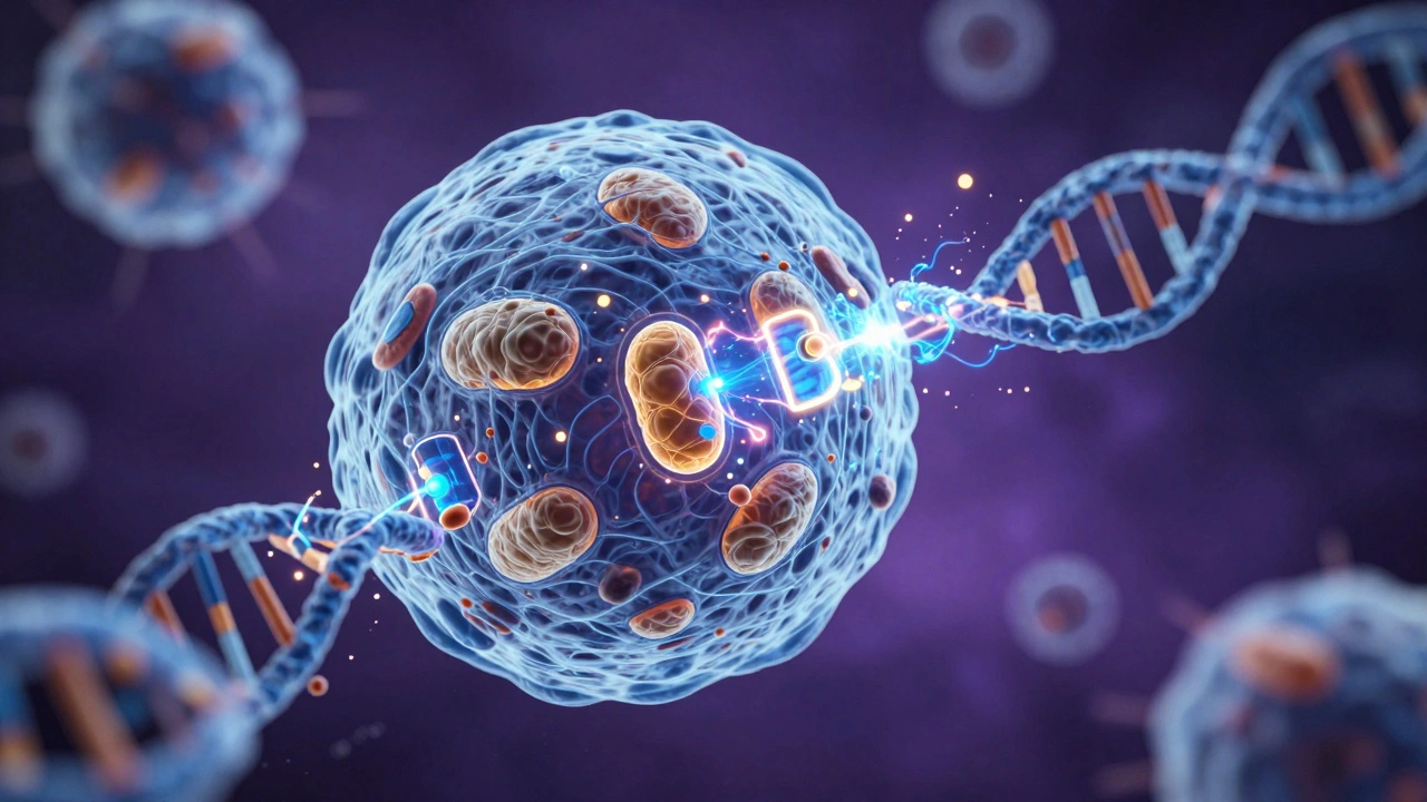 3D illustration of glowing NAD+ energy particles repairing DNA inside a cell mitochondrion