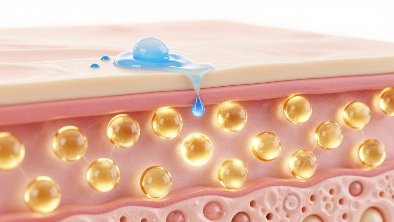 3D illustration of liposomes penetrating deep skin layers compared to surface lotion