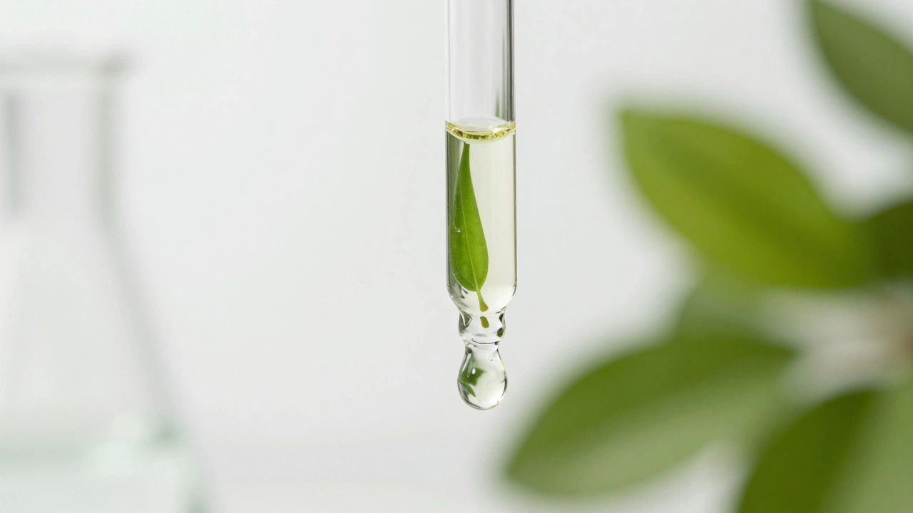 A close-up of a skincare dropper with a small leaf inside a clear oil droplet.