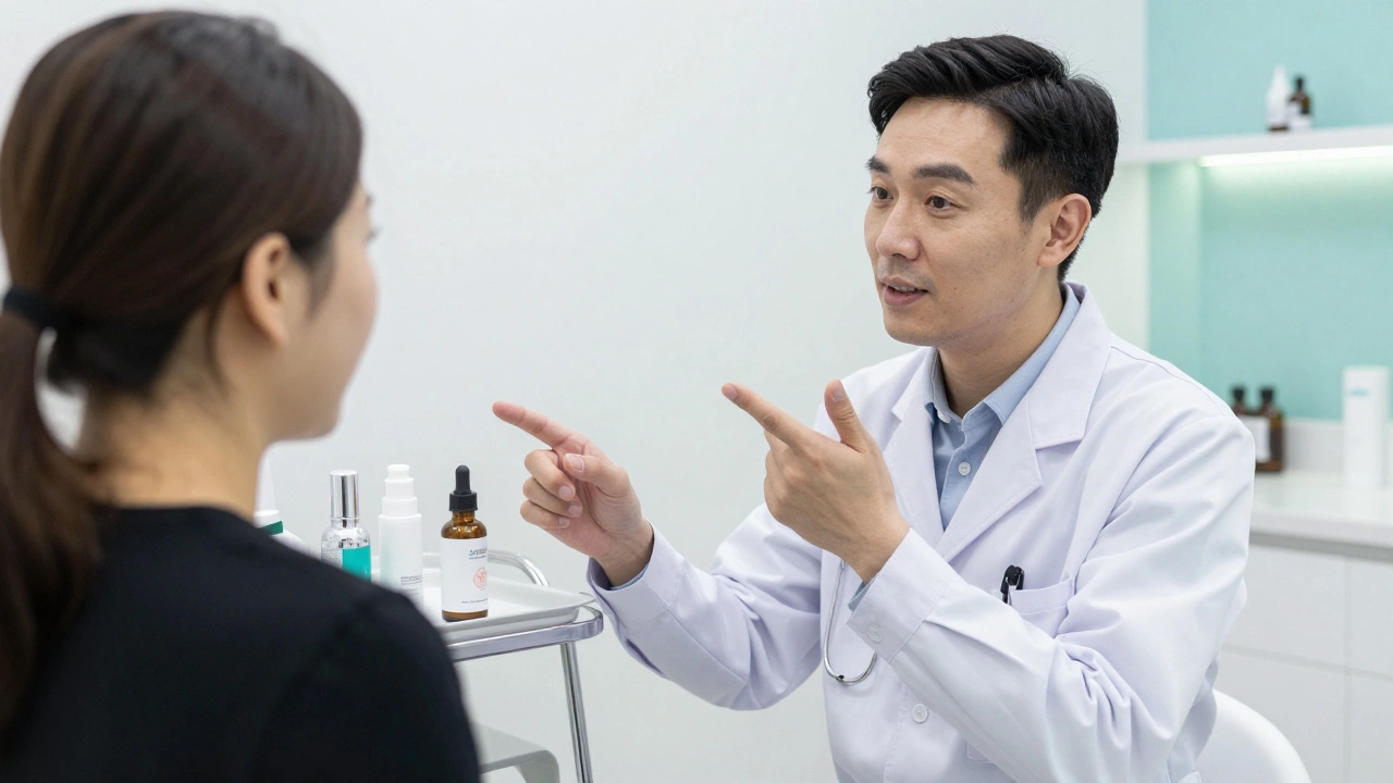 A dermatologist providing a professional skin consultation to a patient in a clinic