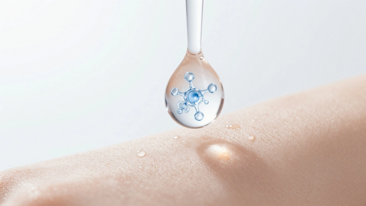 A drop of hydrating hyaluronic acid serum about to touch smooth skin