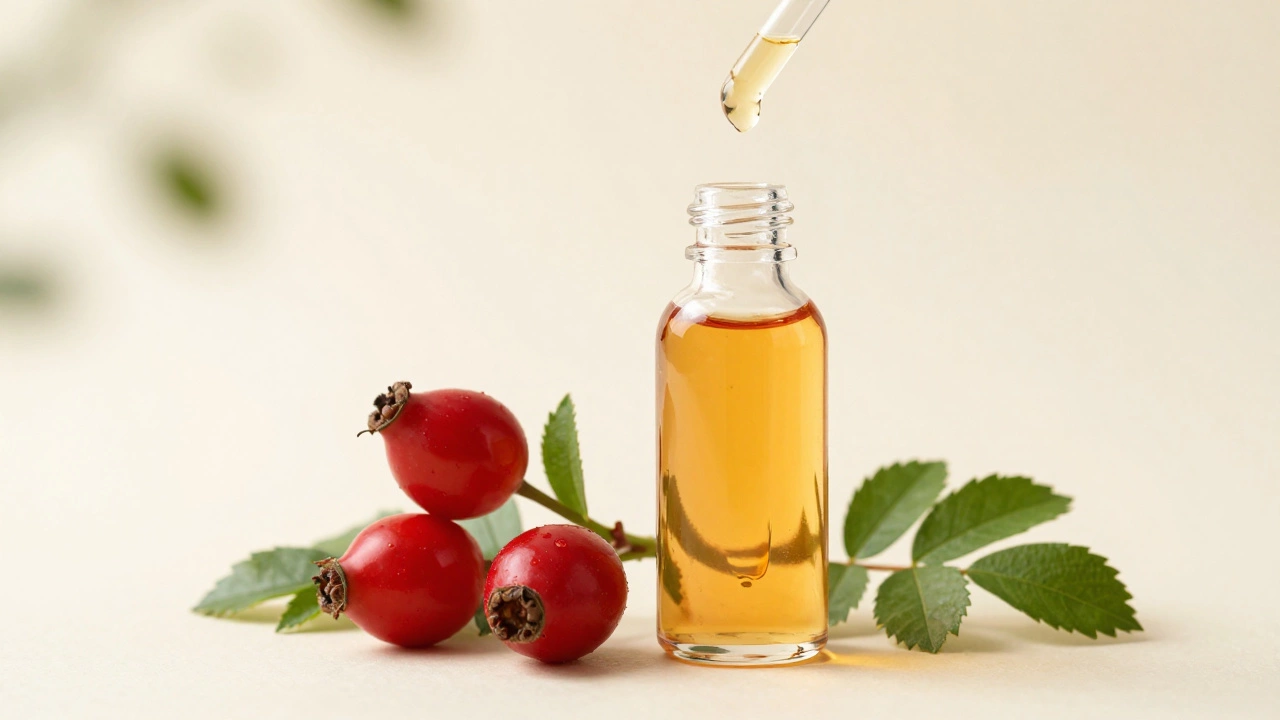 A dropper bottle of amber rosehip oil surrounded by red rosehip berries