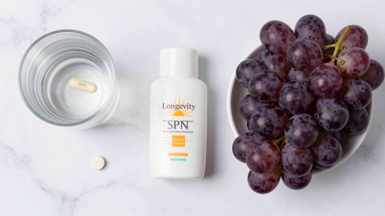 A longevity stack featuring NMN supplements, sunscreen, and purple grapes on a marble table
