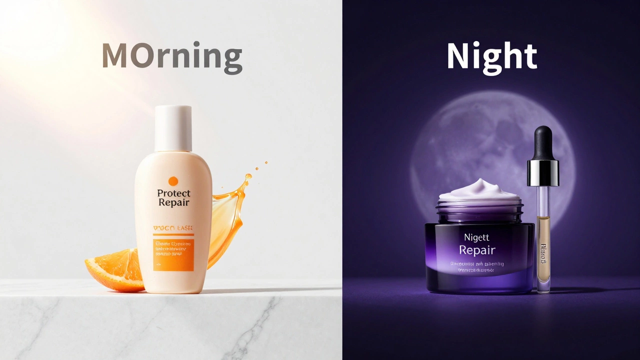 A side-by-side comparison of morning protection and nighttime repair skincare