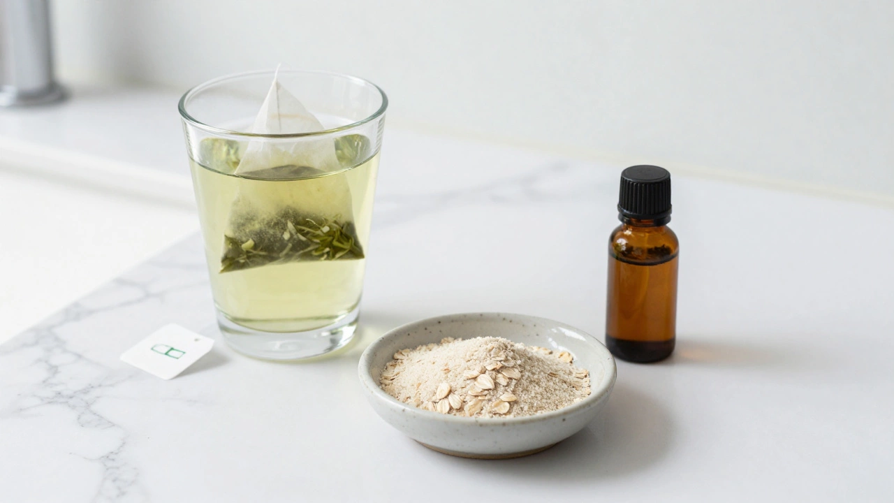 A skincare setup with green tea, oatmeal, and a bottle of oil on a white marble counter