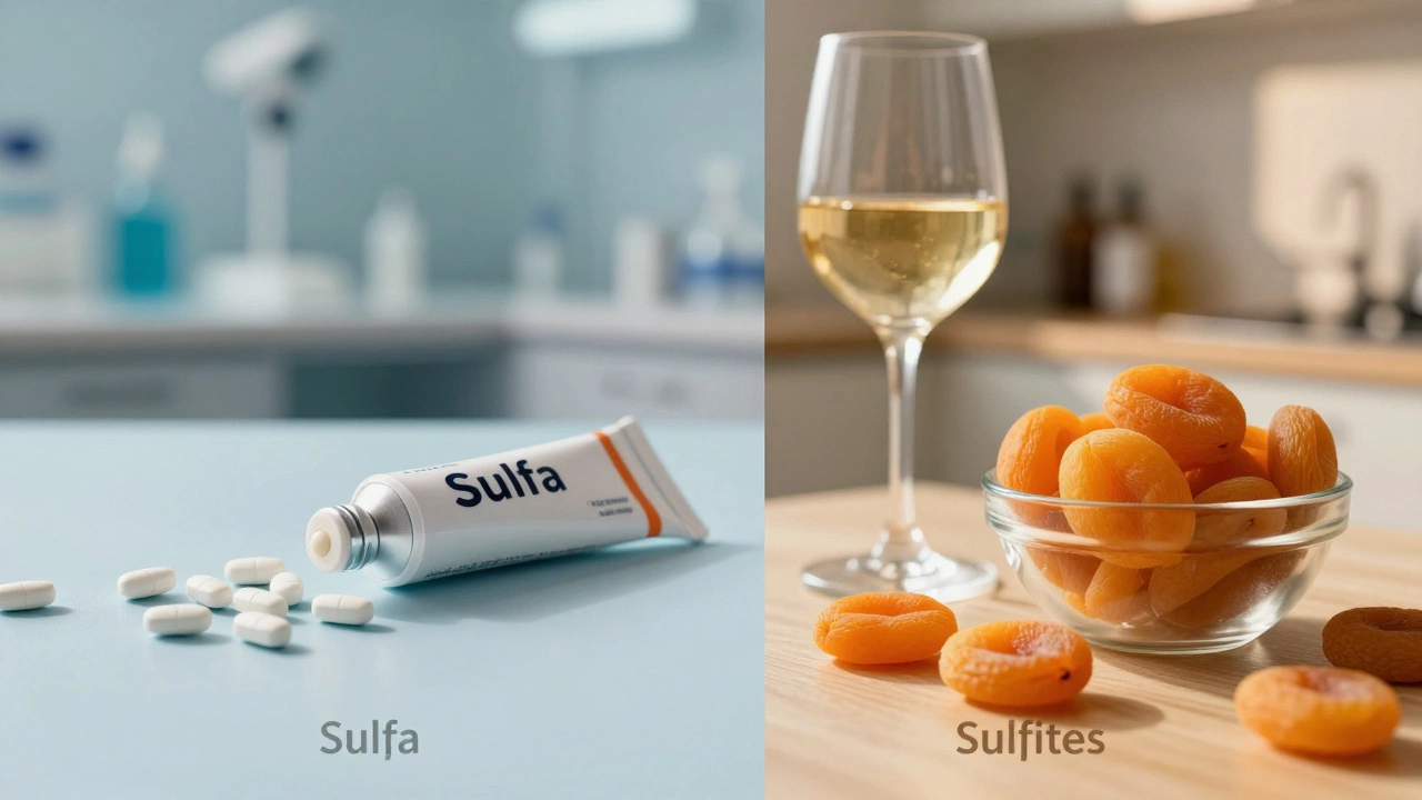 A split image showing antibiotic medication and a bowl of dried apricots with white wine.