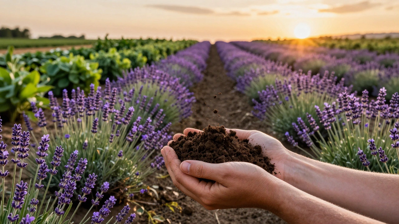 A wide view of a vibrant organic botanical farm during a golden sunset.