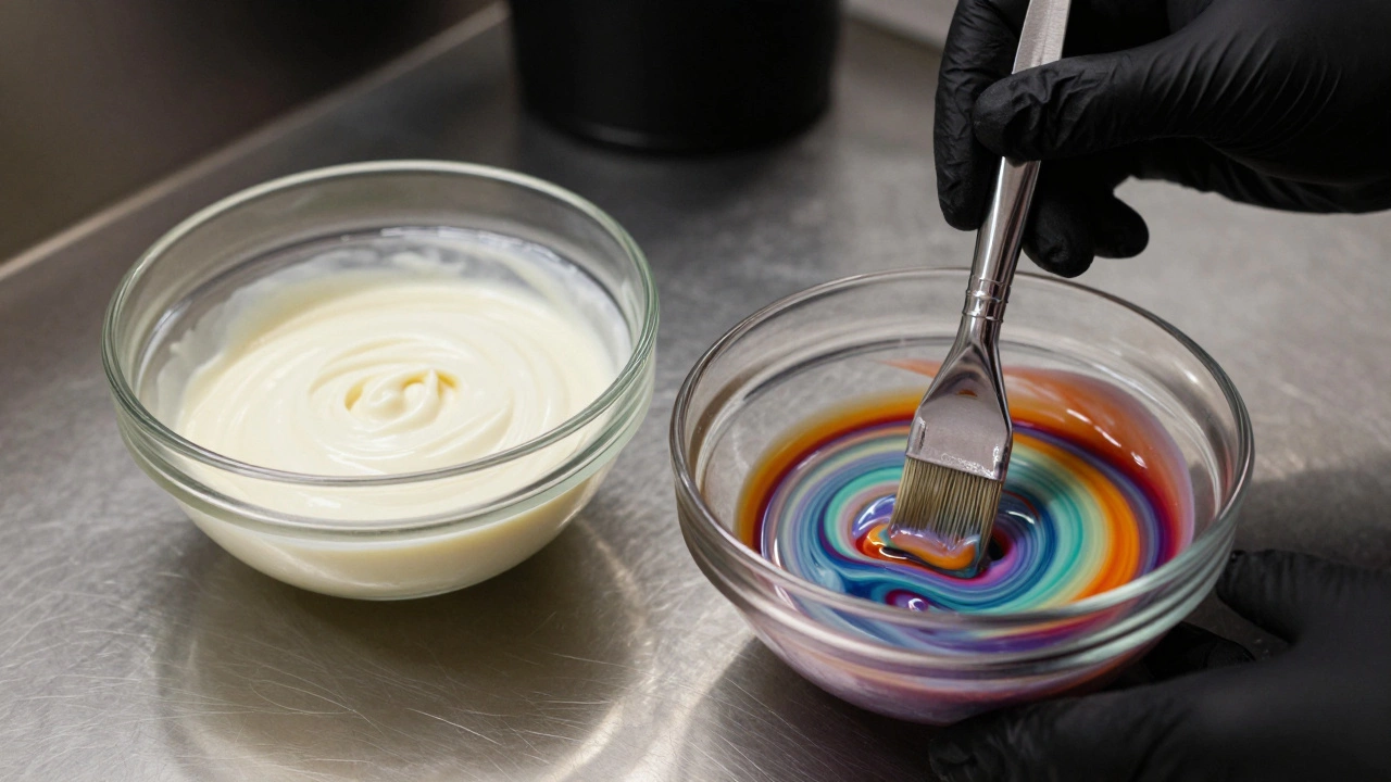 Close-up of a professional stylist mixing customized hair color pigments in a glass bowl