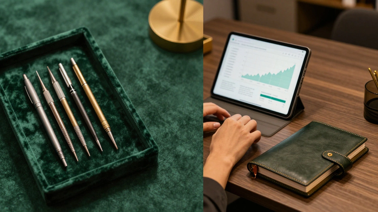 Conceptual image showing beauty tools next to a business executive's workspace