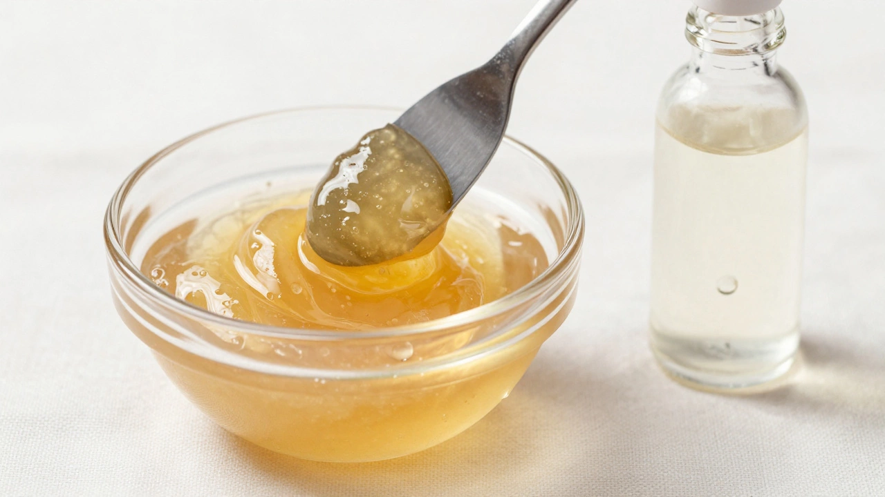 Golden sugaring paste and skincare serum on a white linen background