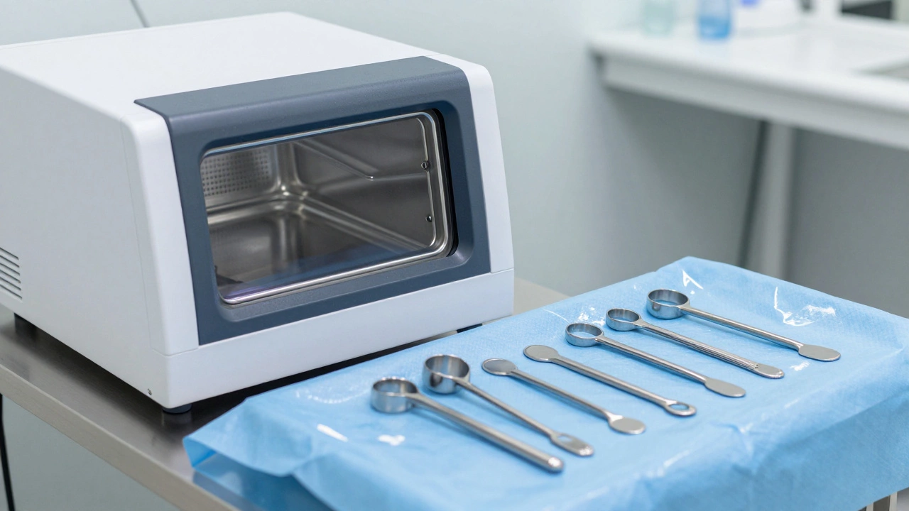 Sterilized metal beauty tools next to a professional autoclave machine in a clean salon environment