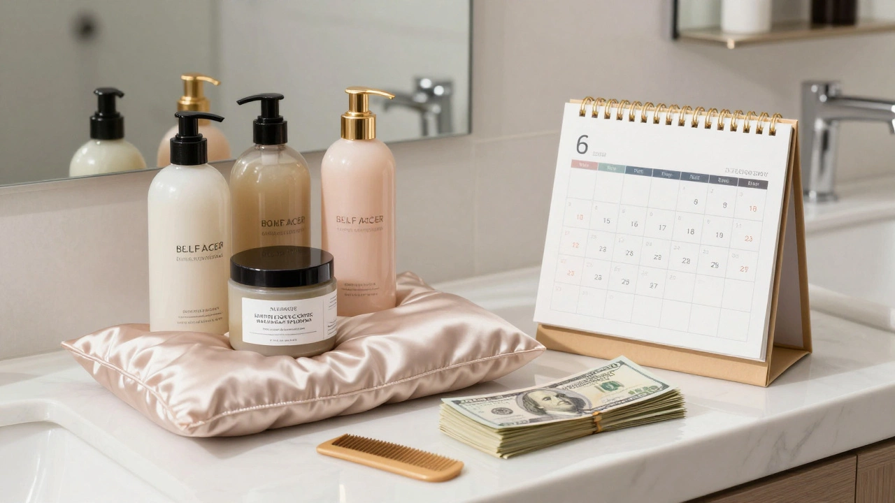 Bathroom counter with extension care products and cash stack