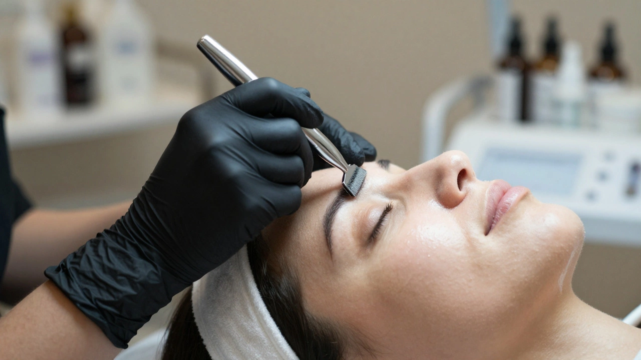 Close-up of esthetician performing precise facial skincare treatment