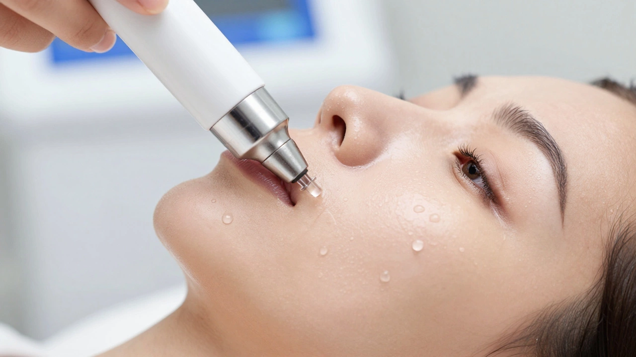Close-up of HydraFacial device hydrating skin with visible glow