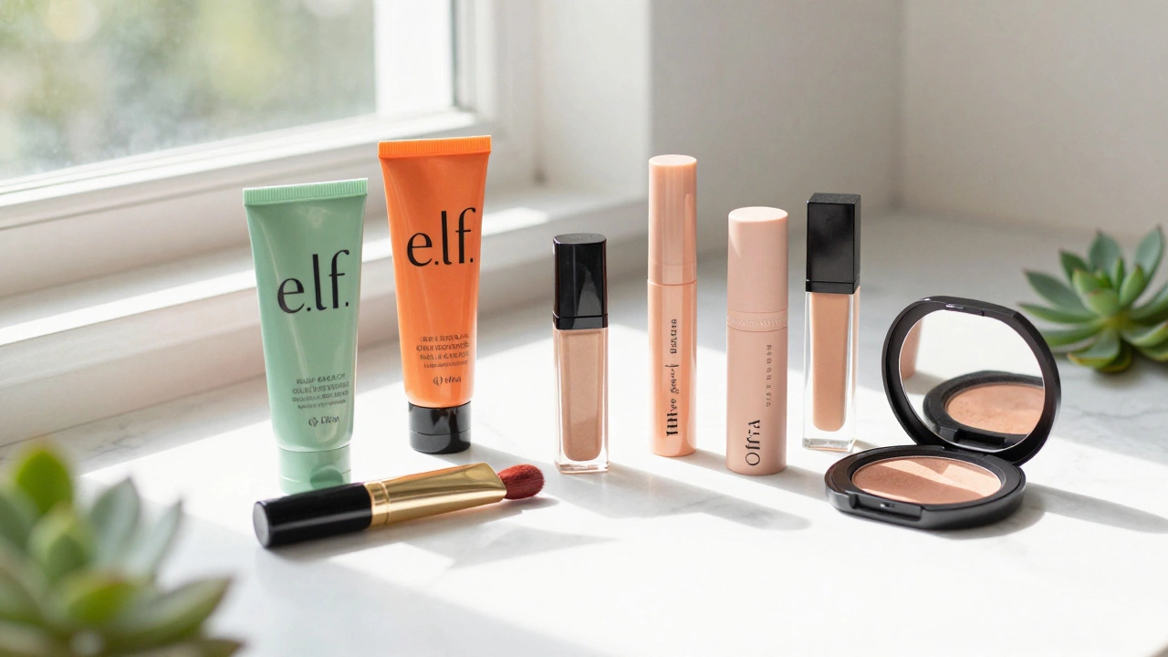 Collection of cruelty-free makeup brands on a marble table